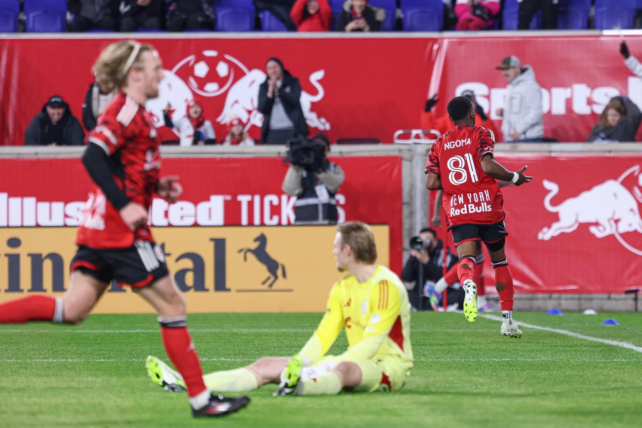 Apr 5, 2025; Harrison, New Jersey, USA; New York Red Bulls forward Serge Ngoma (81) reacts after scoring agioal against Chica