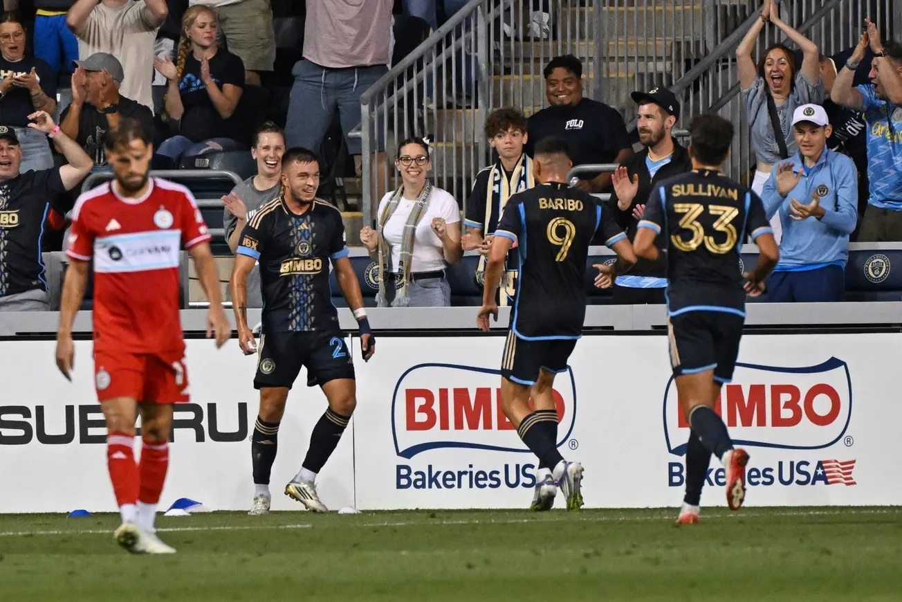 Aug 23, 2025; Chester, Pennsylvania, USA; Philadelphia Union forward Tai Baribo (9) celebrates his goal with teammates agains