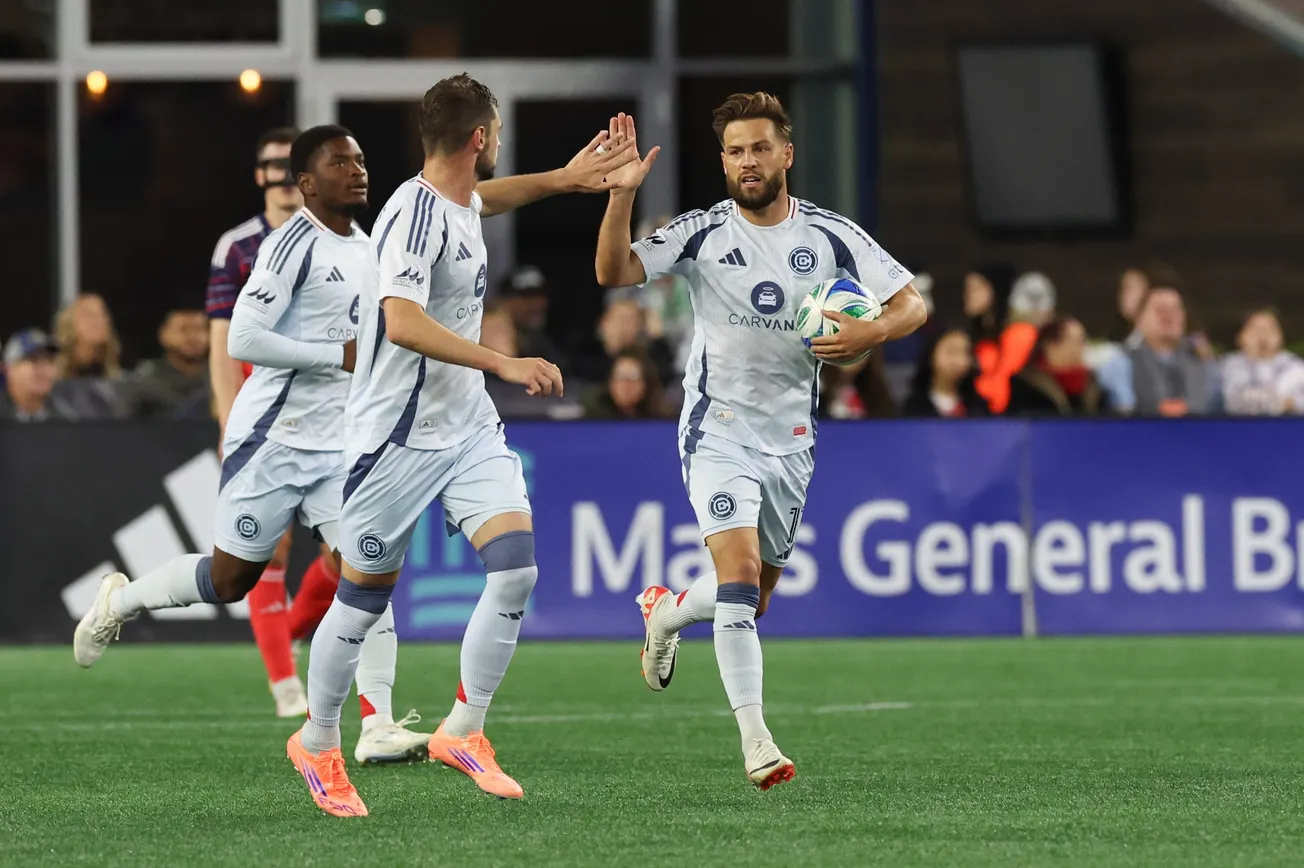 Oct 18, 2025; Foxborough, Massachusetts, USA; Chicago Fire FC forward Philip Zinckernagel (11) celebrates after scoring durin