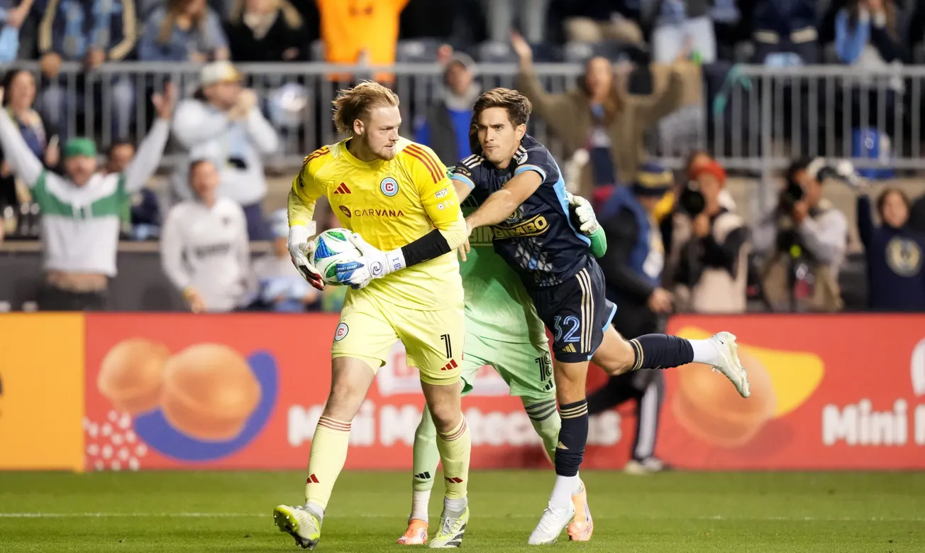 Oct 26, 2025; Chester, Pennsylvania, USA; Philadelphia Union forward Milan Iloski (32) reacts to Chicago Fire FC goalkeeper Chris Brady 