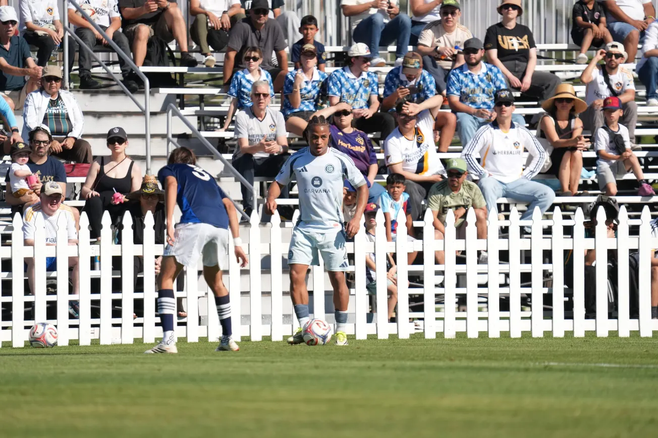Leonardo Barroso plays the ball during the Fire's 3-2 preseason win over the LA Galaxy on February 8, 2026