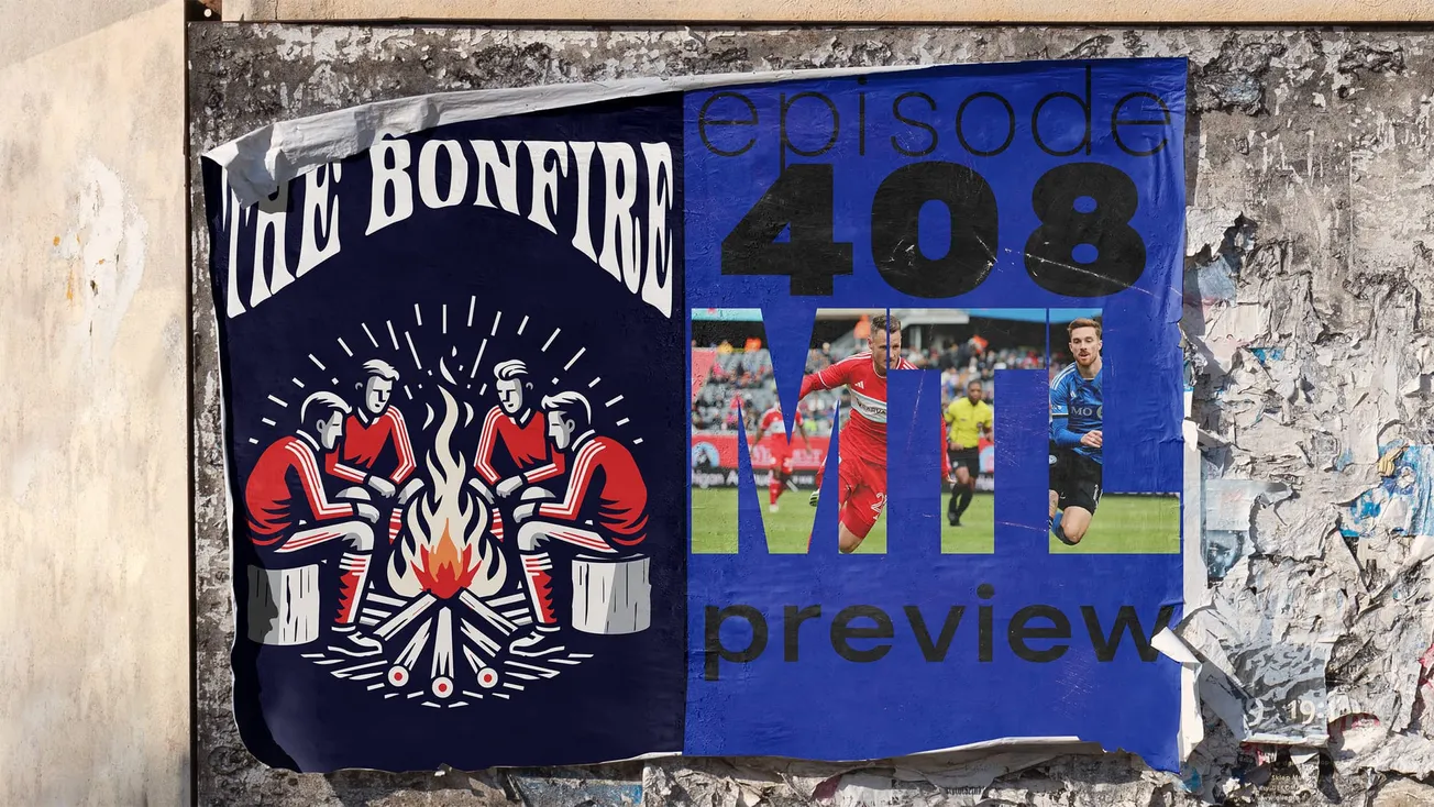 Promotional poster image showing the Bonfire with 'Episode 408 MTL Preview" on the right with an inset of Fabian Herbers (in Fire red) and Joel Waterman (in Montréal blue).