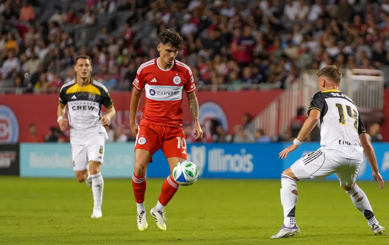 Chicago Fire midfielder André Franco collects the ball agains the Columbus Crew in 2025. (photo: Barbara Calabrese/MIR97 Media))