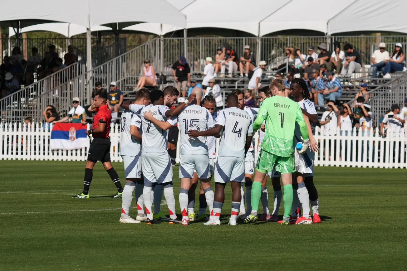 Chicago Fire FC players huddle ahead of their preseason game against Portland on February 14, 2026