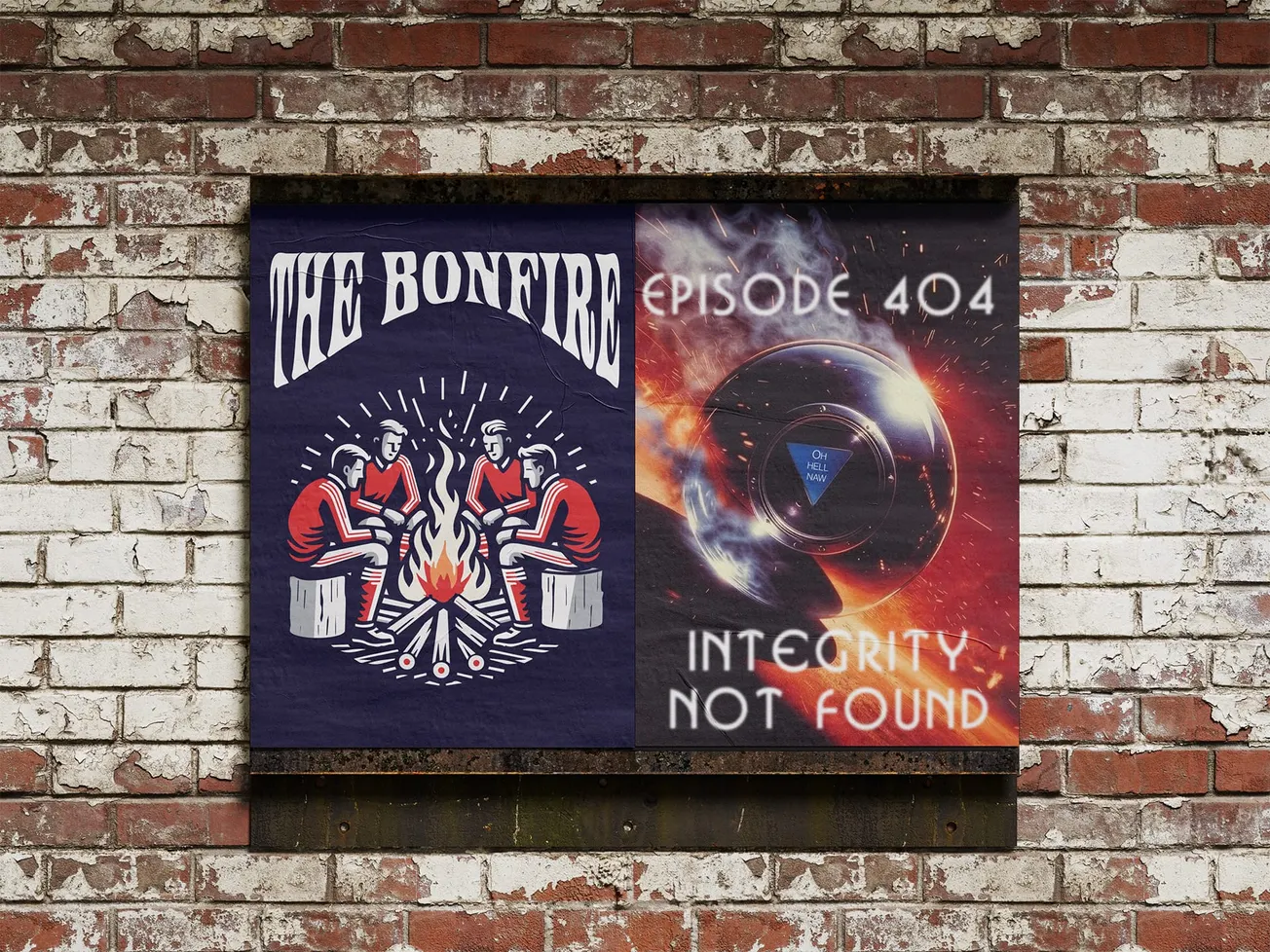 Two posters - The Bonfire logo at the left and "Episode 404: Integrity Not Found" on the right