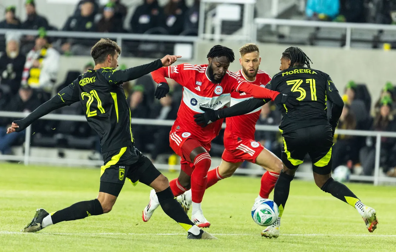 Chicago Fire FC attackers Jonathan Bamba and Philip Zinckernagel against Moreira and Cherberko at a soccer game
