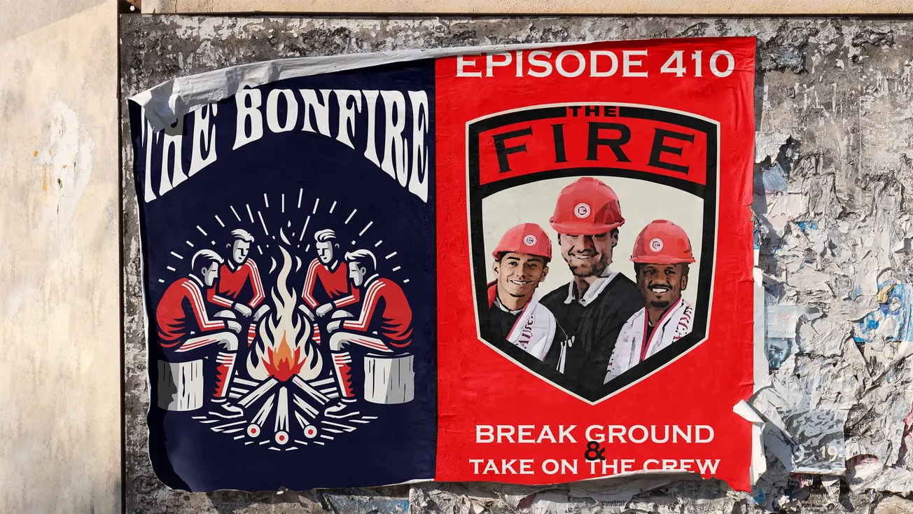 Promotional graphic with two posters on a faded board, Bonfire logo on left; episode title with a parody of the OG Crew on right