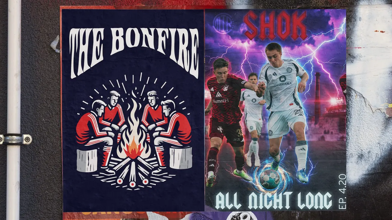 Two promotional posters with "The Bonfire" on the left and "Shook All Night Long" on the right ft Jason Shokalook in metal