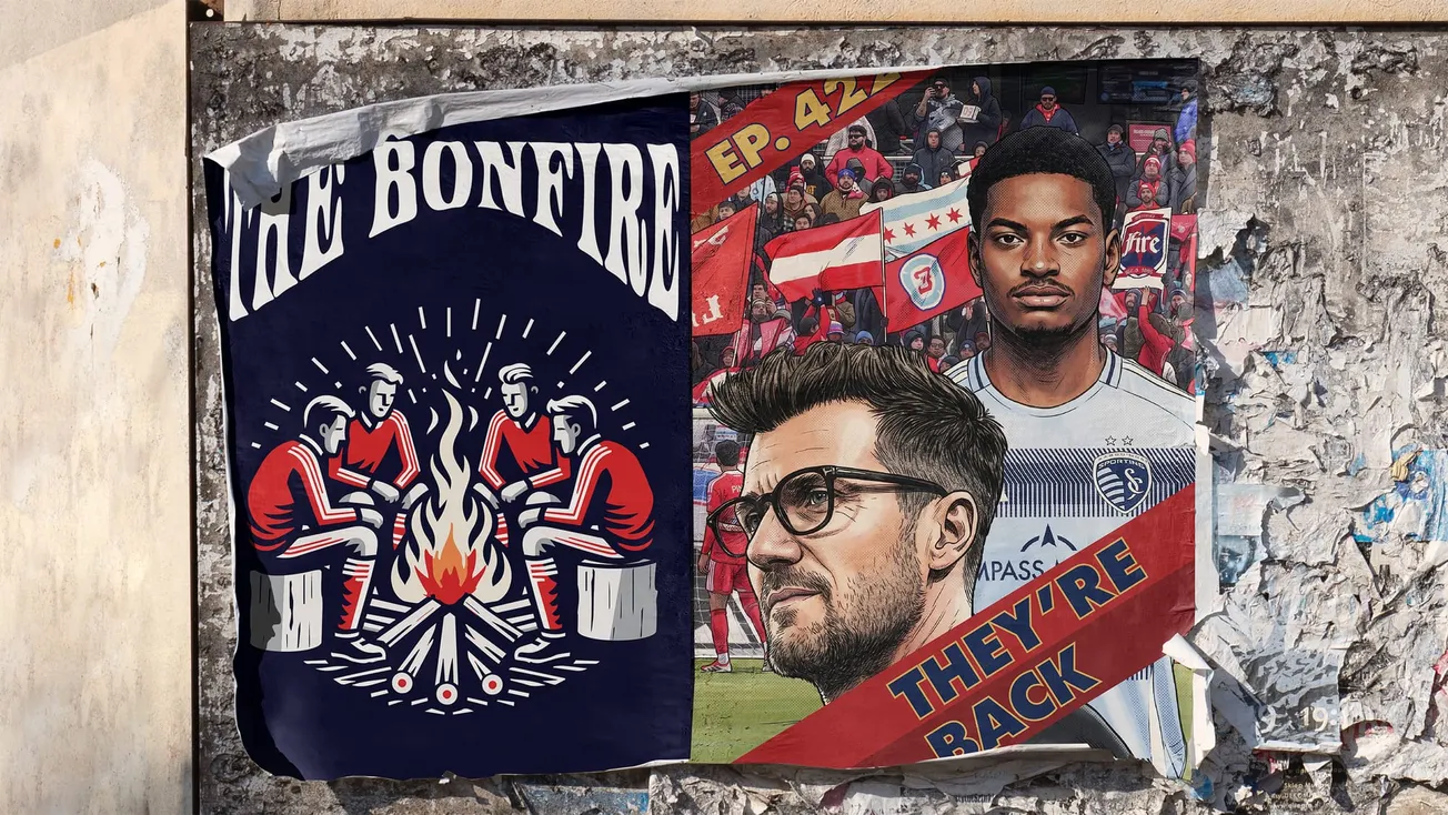 Promotional poster for the podcast with "The Bonfire" at left and ep. 422 "they're back" with Raphael Wicky and Justin Reynolds on the right.