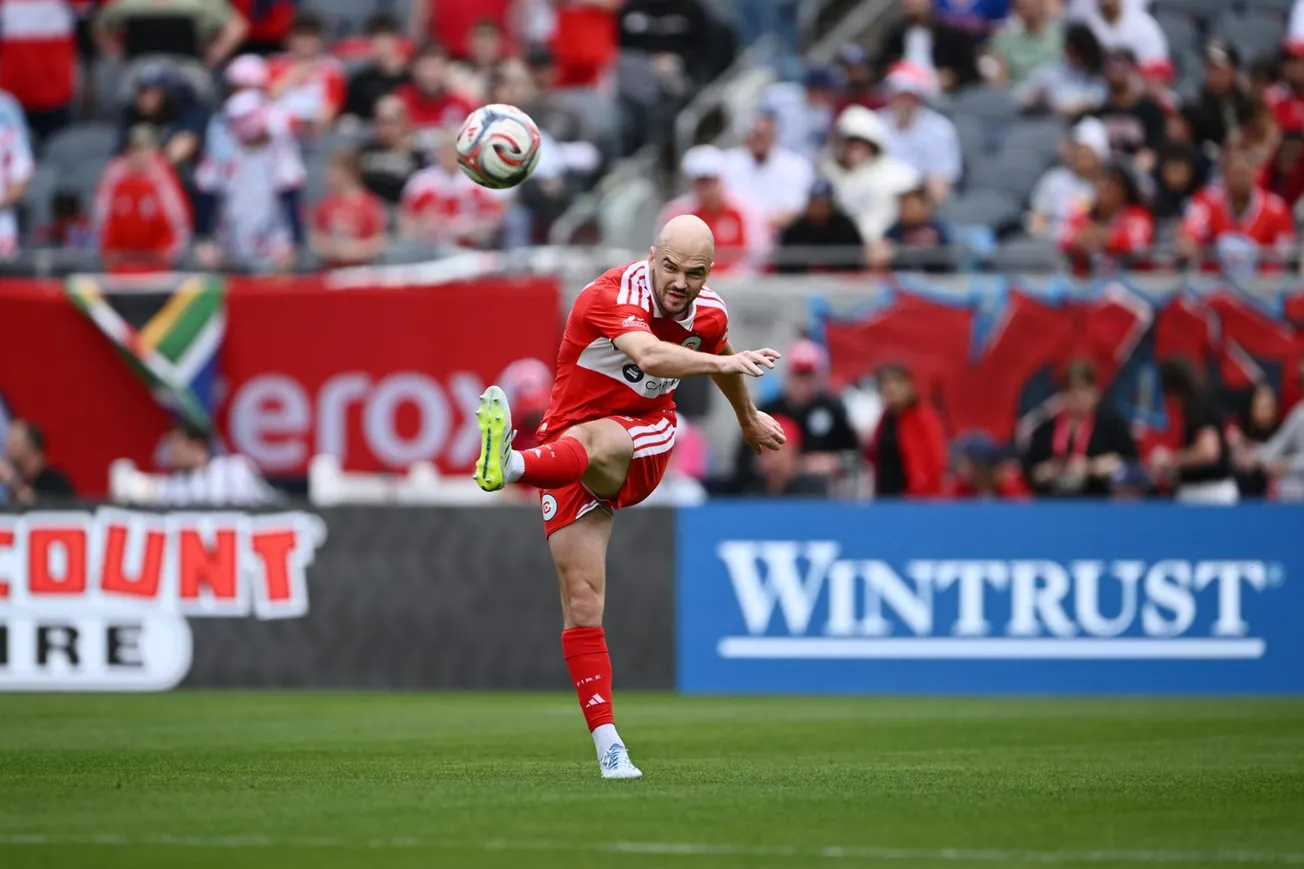 Andrew Gutman kicks the ball during Fire vs RBNY at Soldier Field on May 9, 2026
