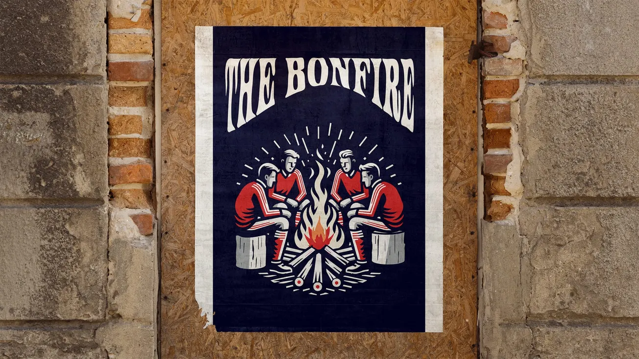 Promotional poster for "The Bonfire" podcast on a stone and brick wall