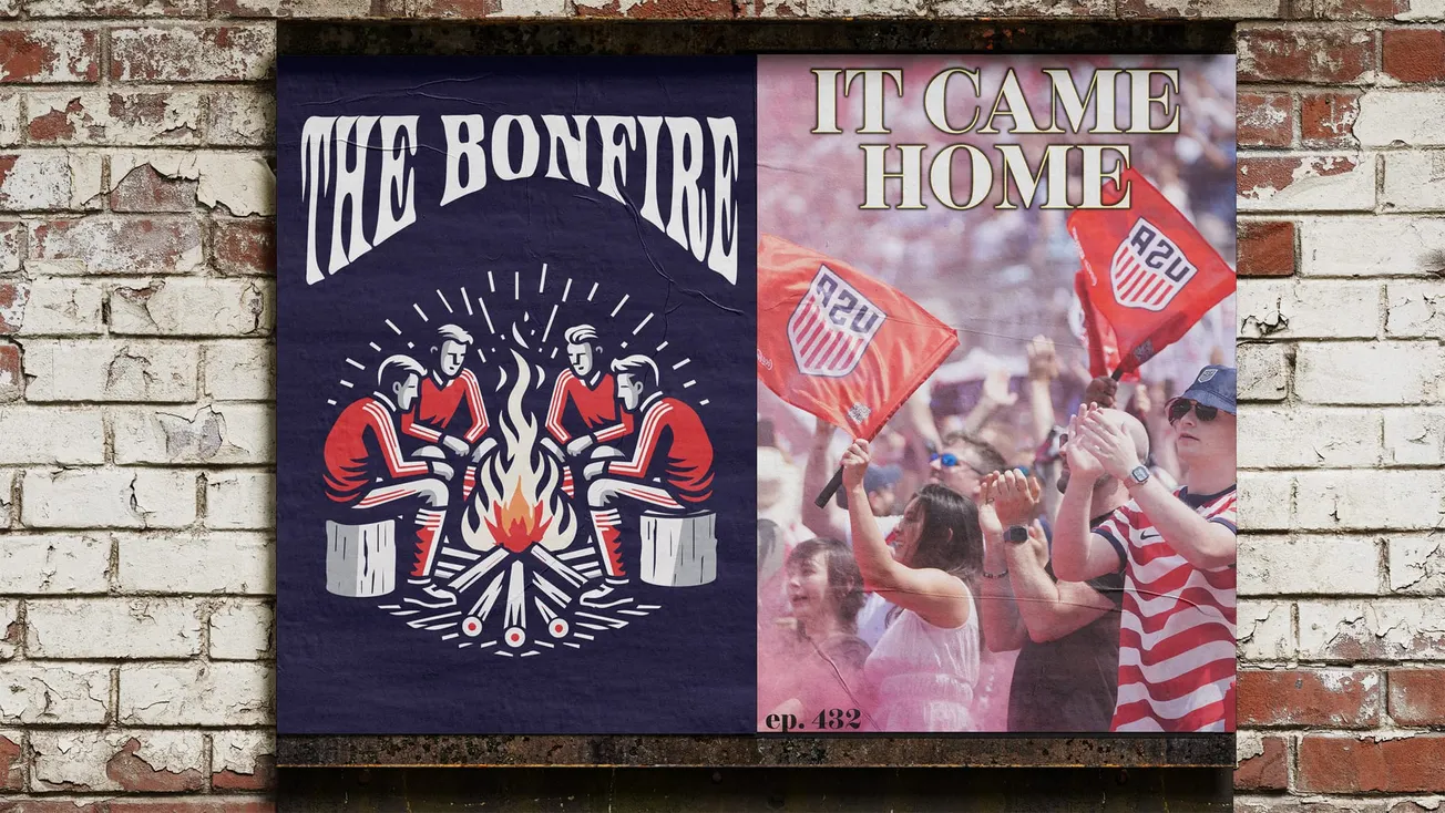 Podcast episode posters on a brick wall with The Bonfire on the left and 'It Came Home' on the right with USMNT fans 