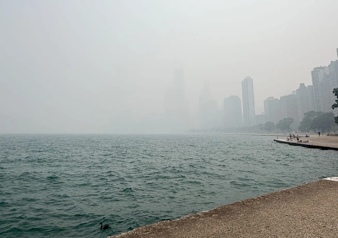 Chicago lakefront Thursday afternoon showing the skyline surrounded in haze.