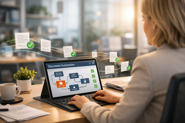 HR professional using document automation software on a laptop showing workflow dashboard with checkmarks