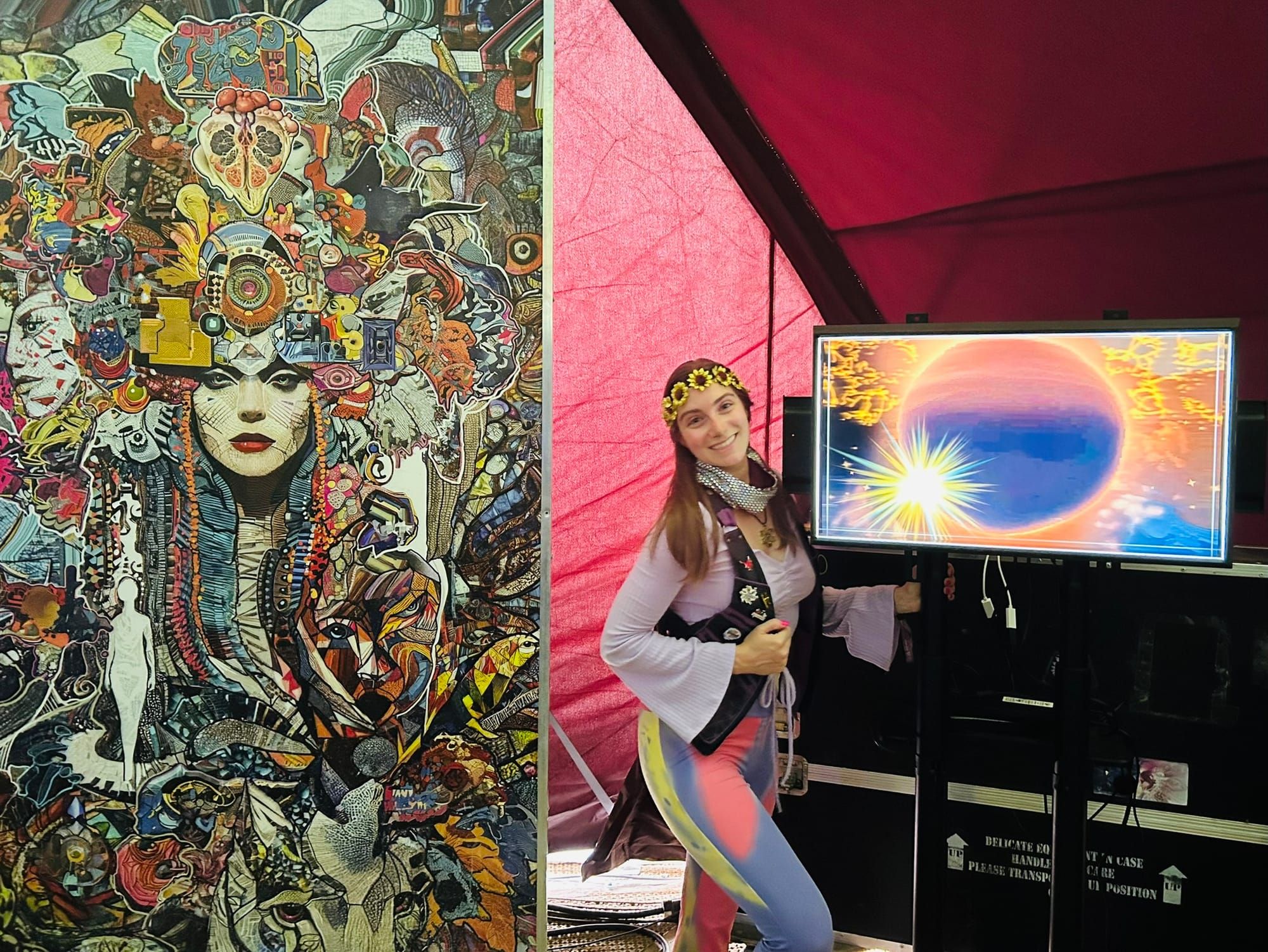 Left: Chimera AI render, Right: Josette Seitz and her eclipse artwork on a Looking Glass 32"