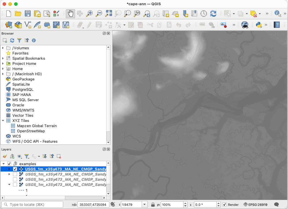 An animated GIF showing five alternate views of a DEM elevation file in the QGIS app interface.
