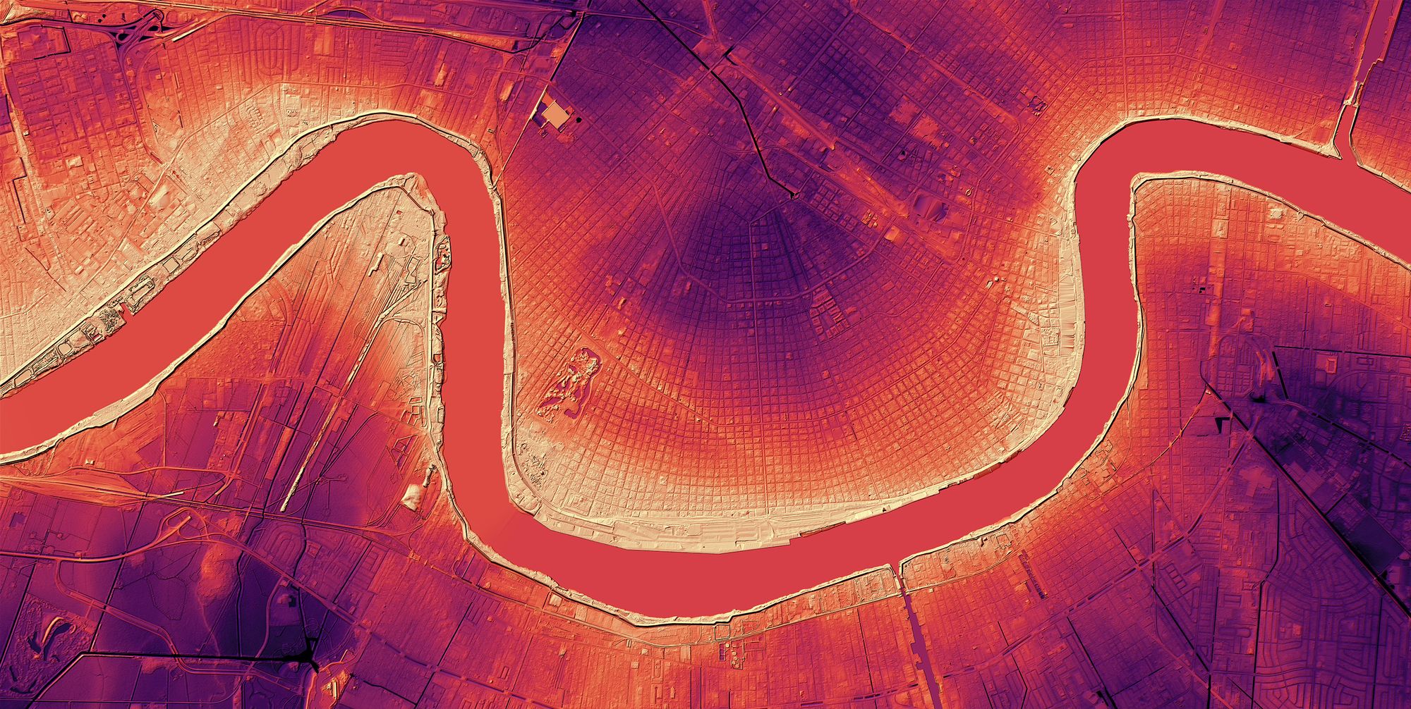 A map of New Orleans and the snaking Mississippi River in vibrant red and yellow colors, indicating the elevation of water and land using USGS elevation data.