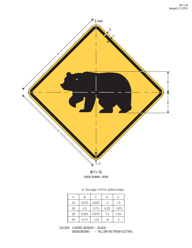 Silhouette of a large bear on a diamond shaped yellow sign.