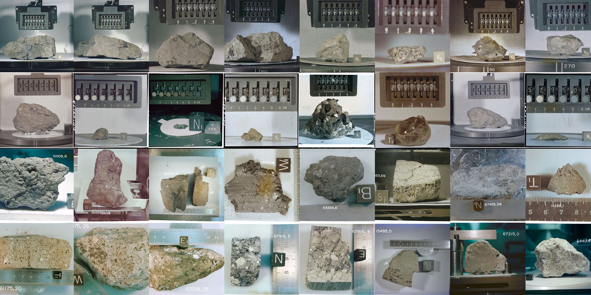 A grid of photographs showing a variety of different lunar rock samples with rulers and calibration tools.