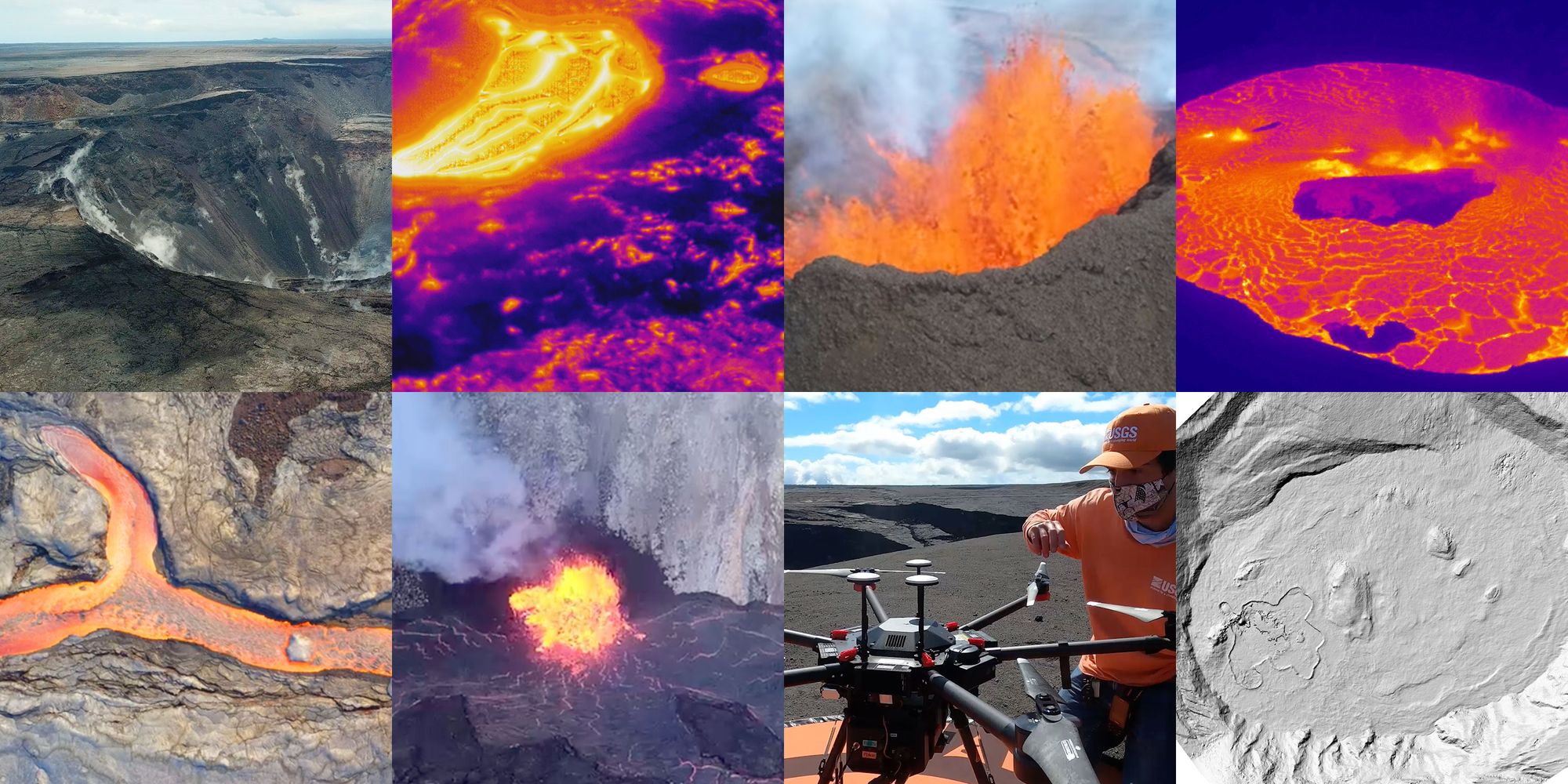 A quilt of photos showing drone images of lava, exploding volcanoes and thermal images of hot lava. 