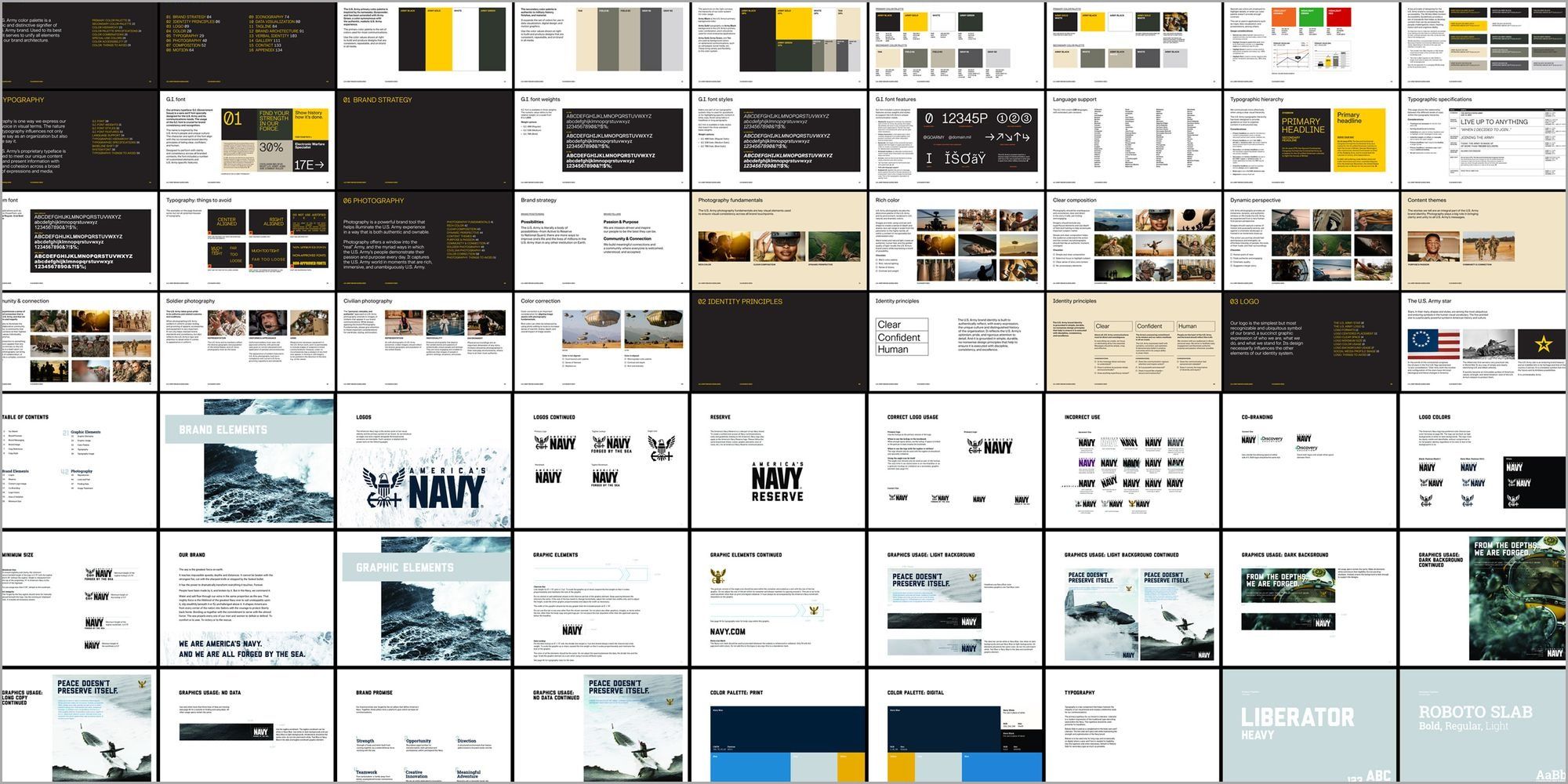 A montage of dozens of pages from the Army and Navy brand guidelines documents. 