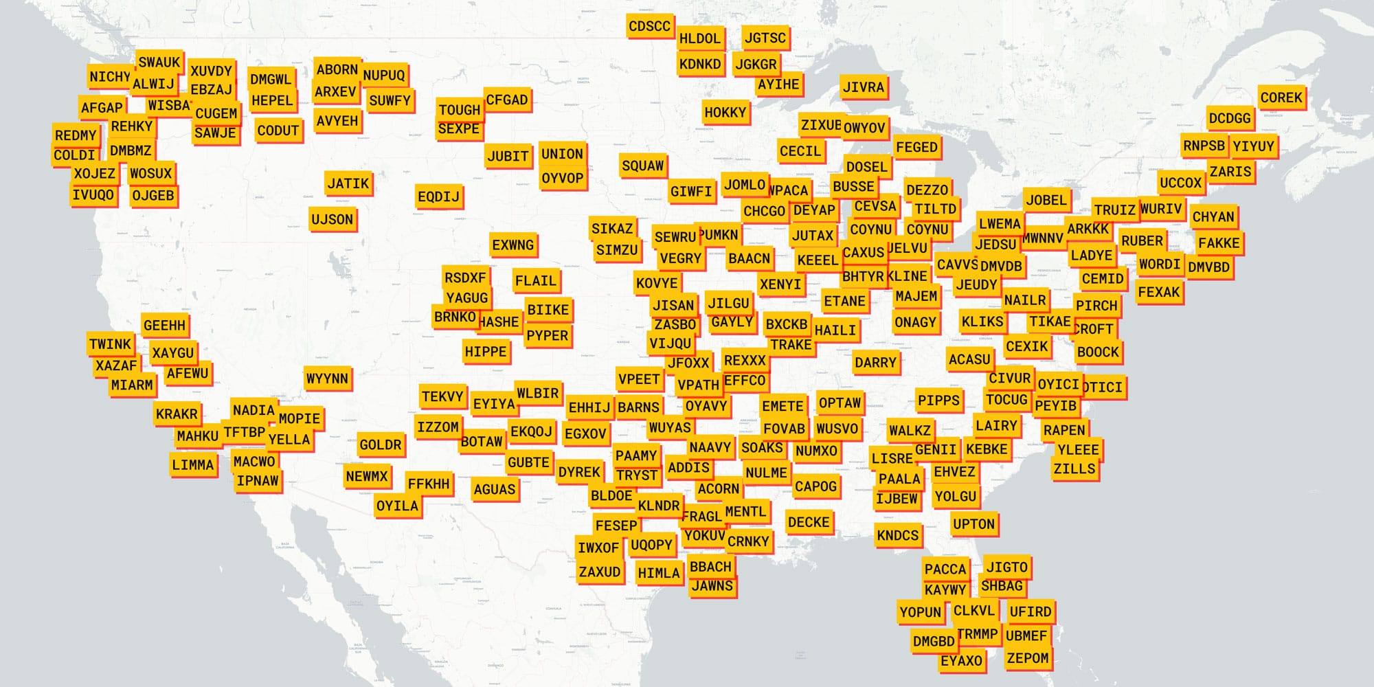 A map of the US, with hundreds of five letter navigational waypoints laid out across the country