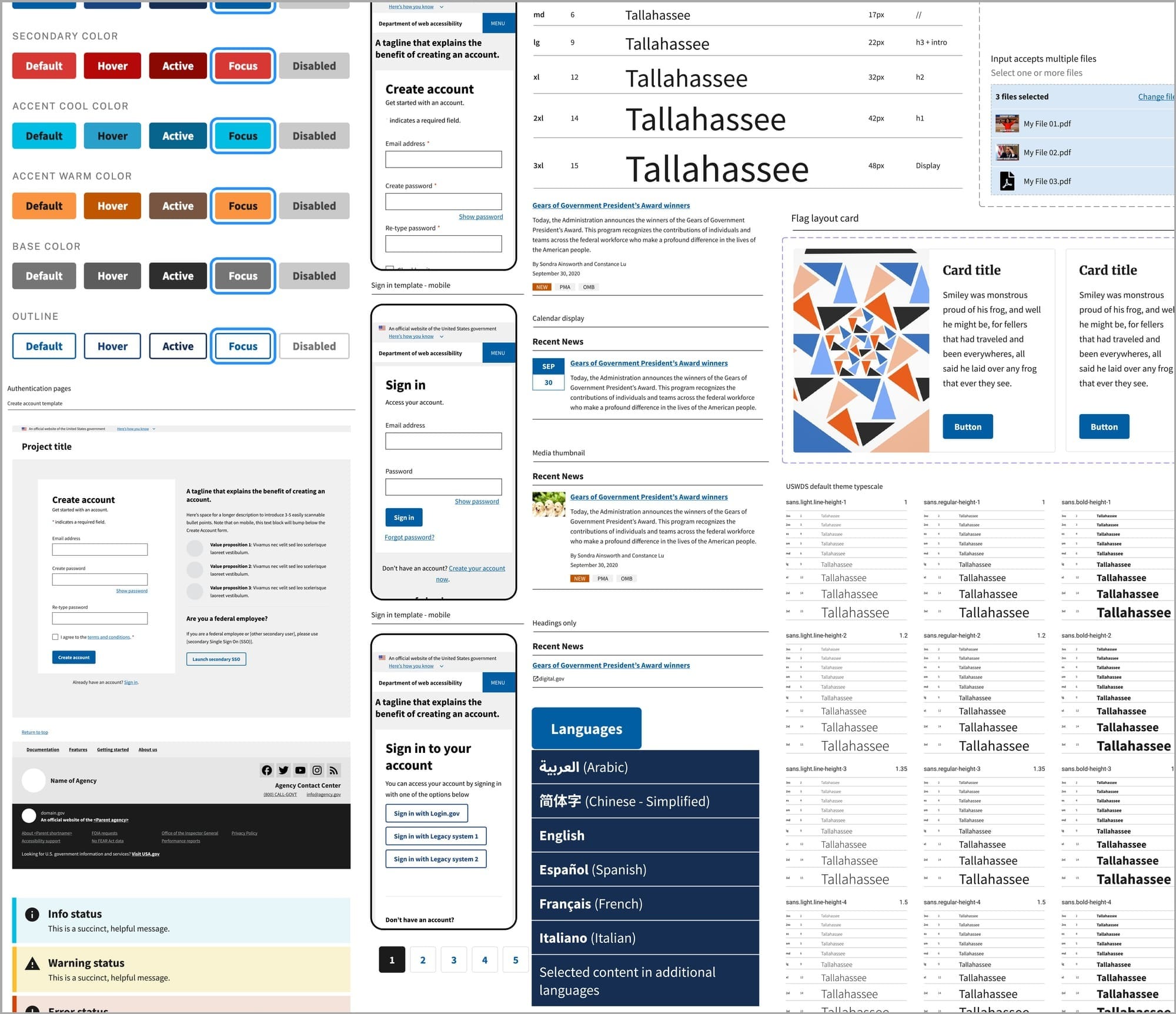 A collection of various sample web design elements such as buttons, forms, alerts, mobile mockups and sample text blocks.