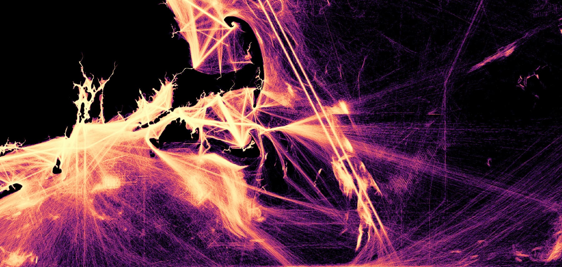A quilt of AIS ship track maps showing Cape Cod, MA and Martha's Vineyard, MA. Thin, luminous lines glow yellow, gold and red on a dark purple background. 