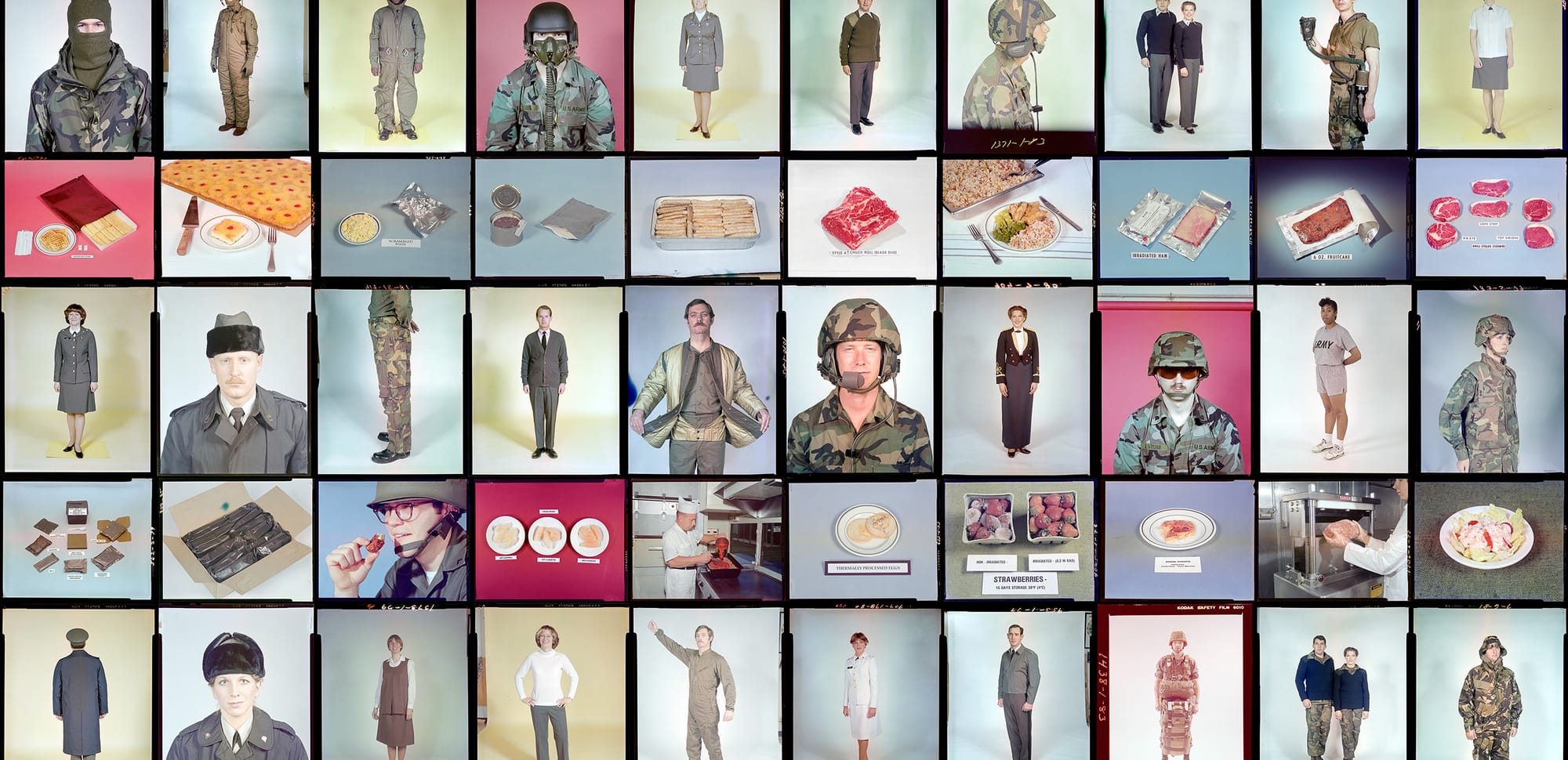 A colorful quilt of photographs from the A sample of some of the photographs from the Natick Soldier Systems Center Photographic Collection, featuring faded color photos of models posing in uniforms and military gear.