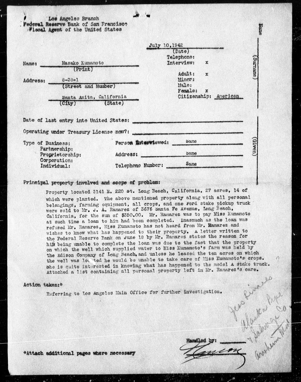 A letter describing one detainees' property and a dispute about how 27 acres of property and all of their belongings were sold to a neighbor for $350, but the detainee had not heard from the buyer, and was unsure about the status of the property.