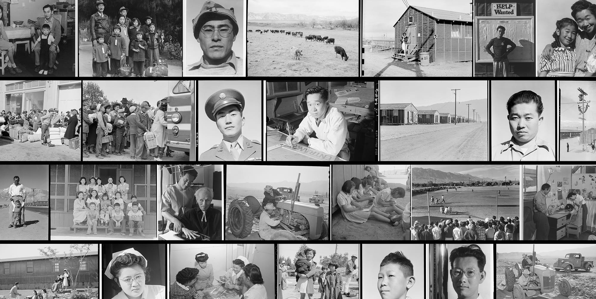 A quilt of black and white photos showing Japanese American detainees in 1942. 