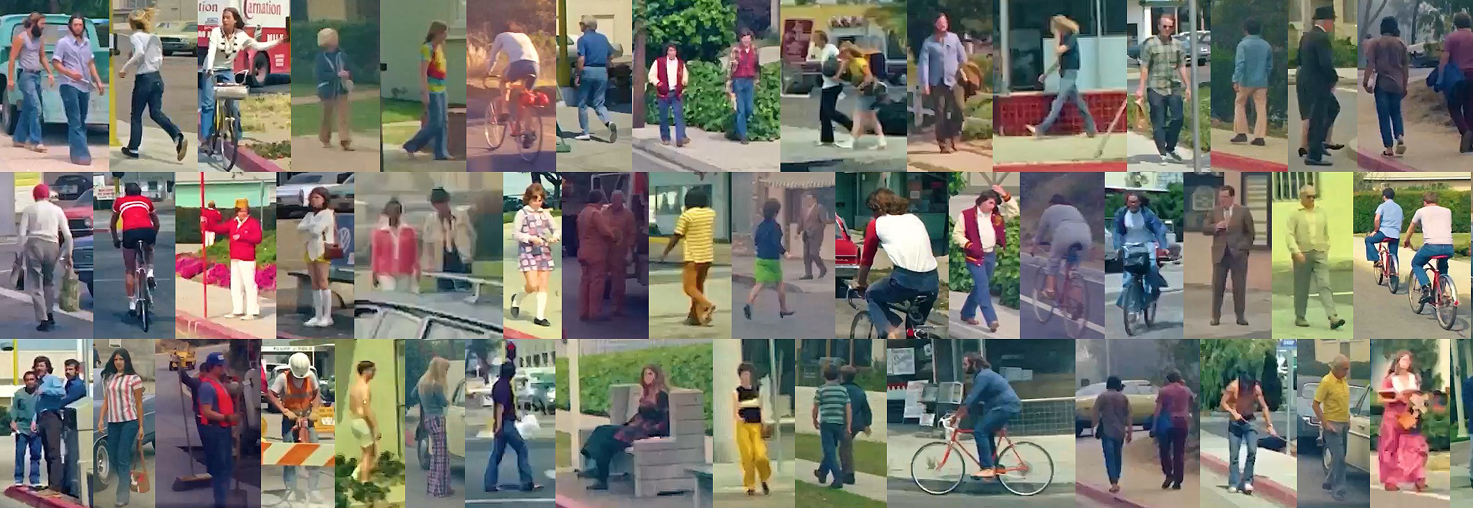 A collage of people walking along the side of the street. 