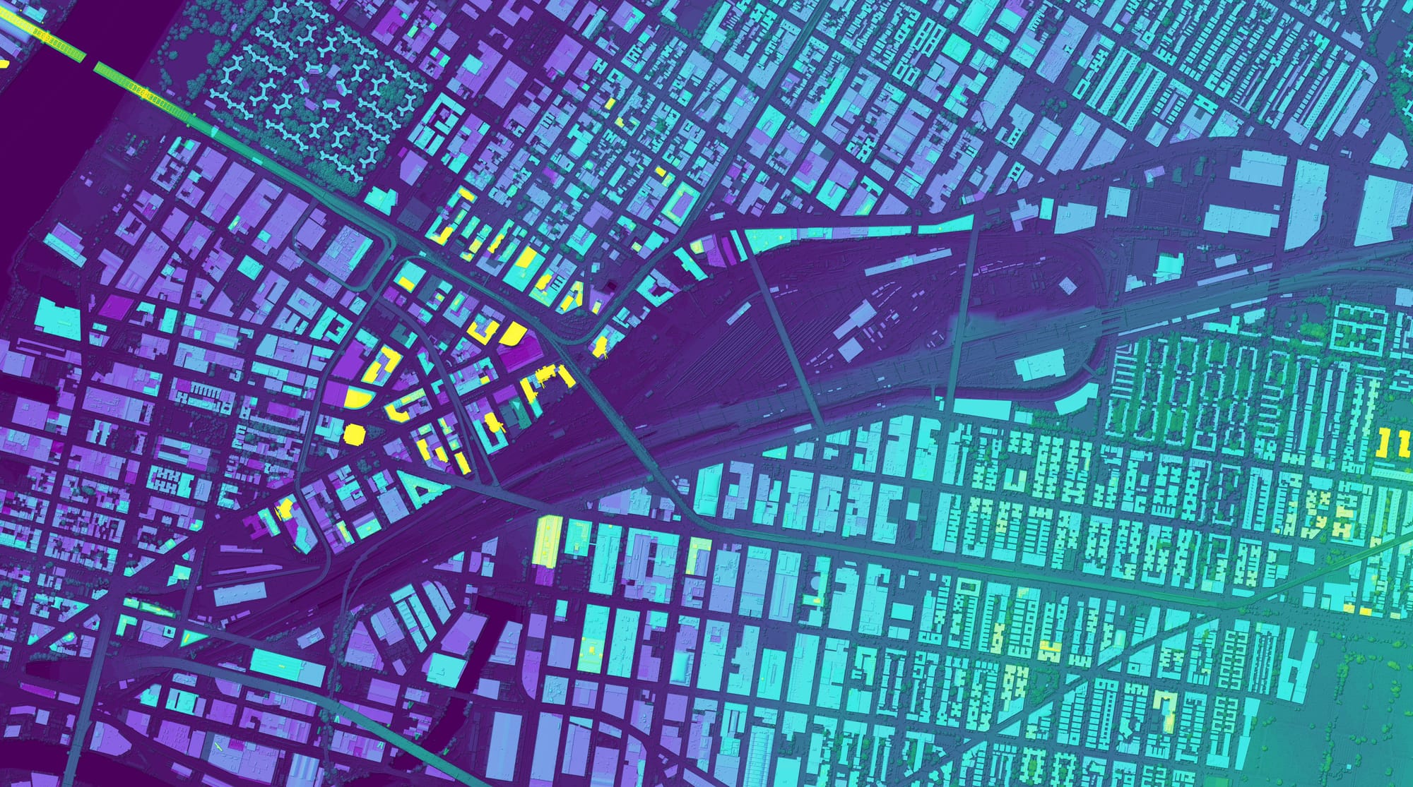A colorful map showing the footprints and elevations of buildings in Long Island City, Queens