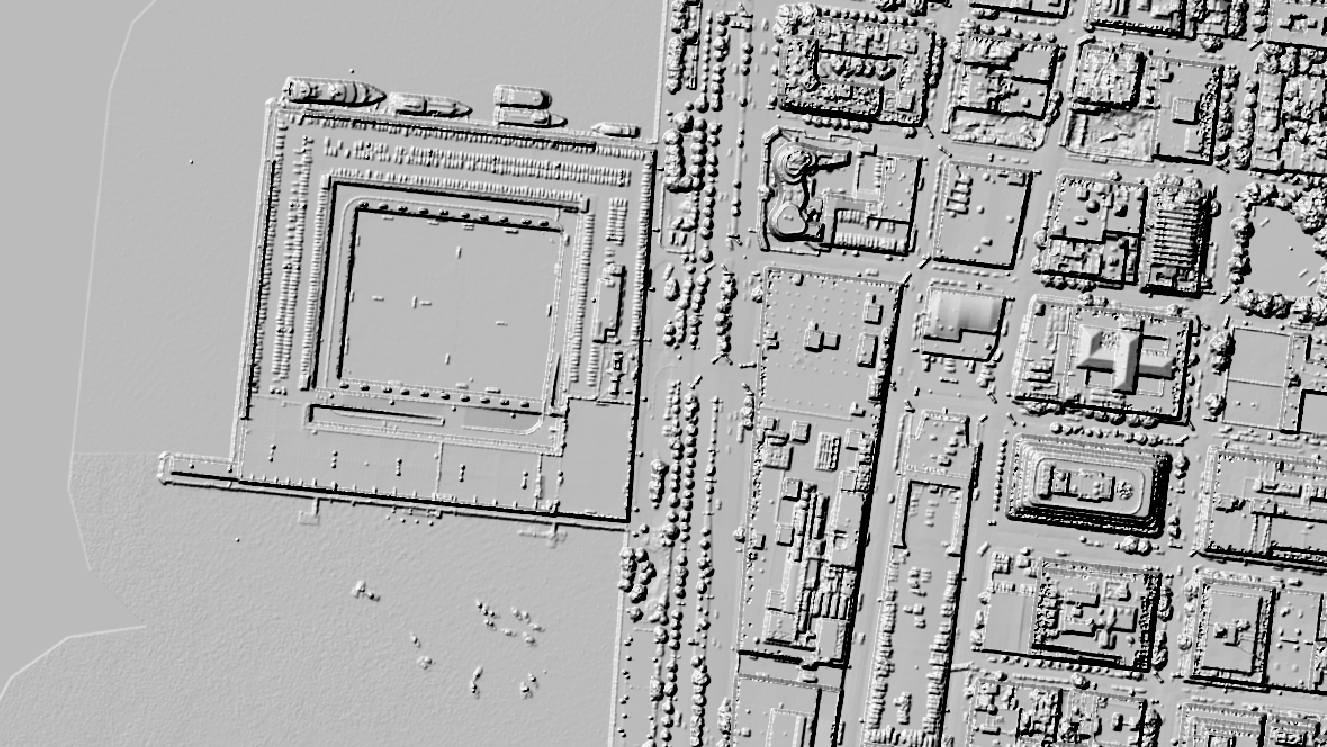 A black and white "hillshade" visualization of a NYC digital surface model of Manhattan's west side.