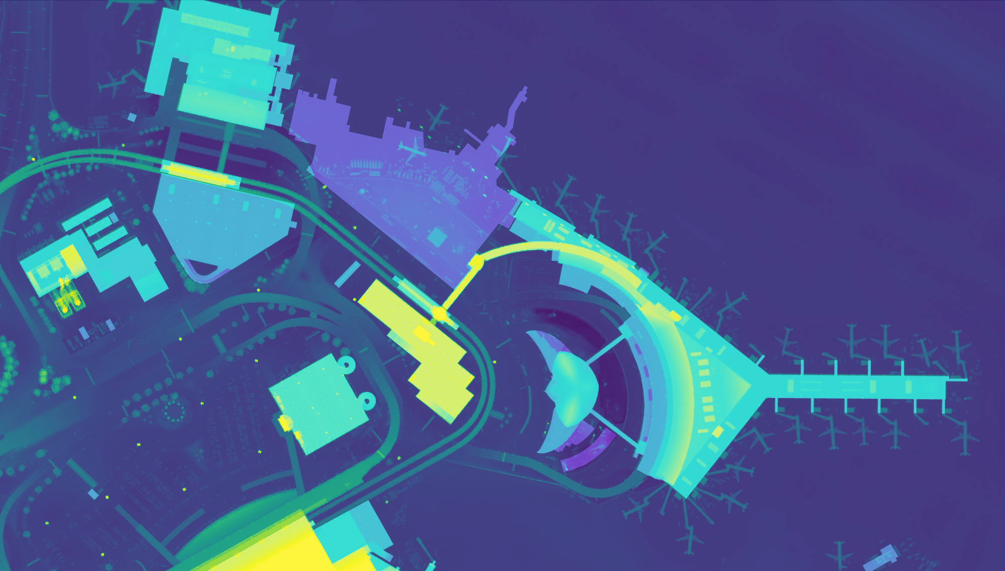 A colorful visualization of JFK airport showing terminal buildings and planes connected via jetways to the terminals.