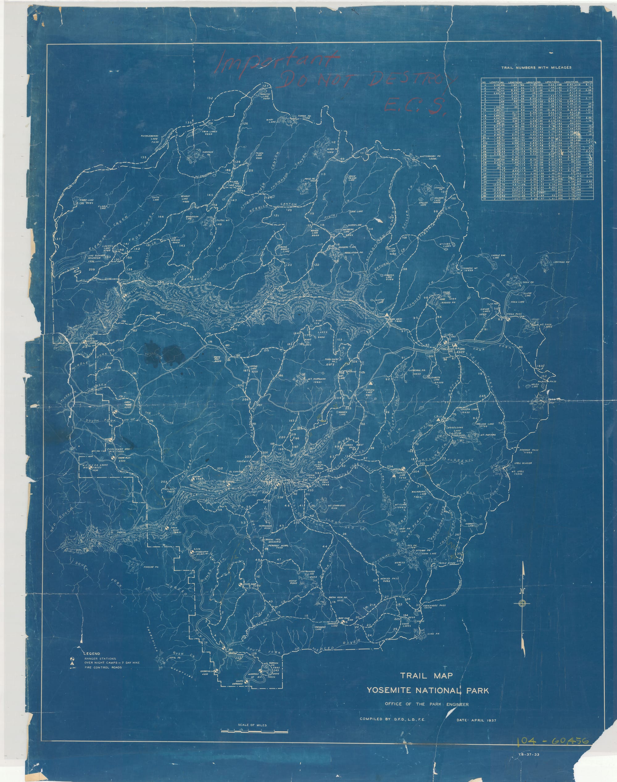 An old archival blueprint image of Yosemite's trail map