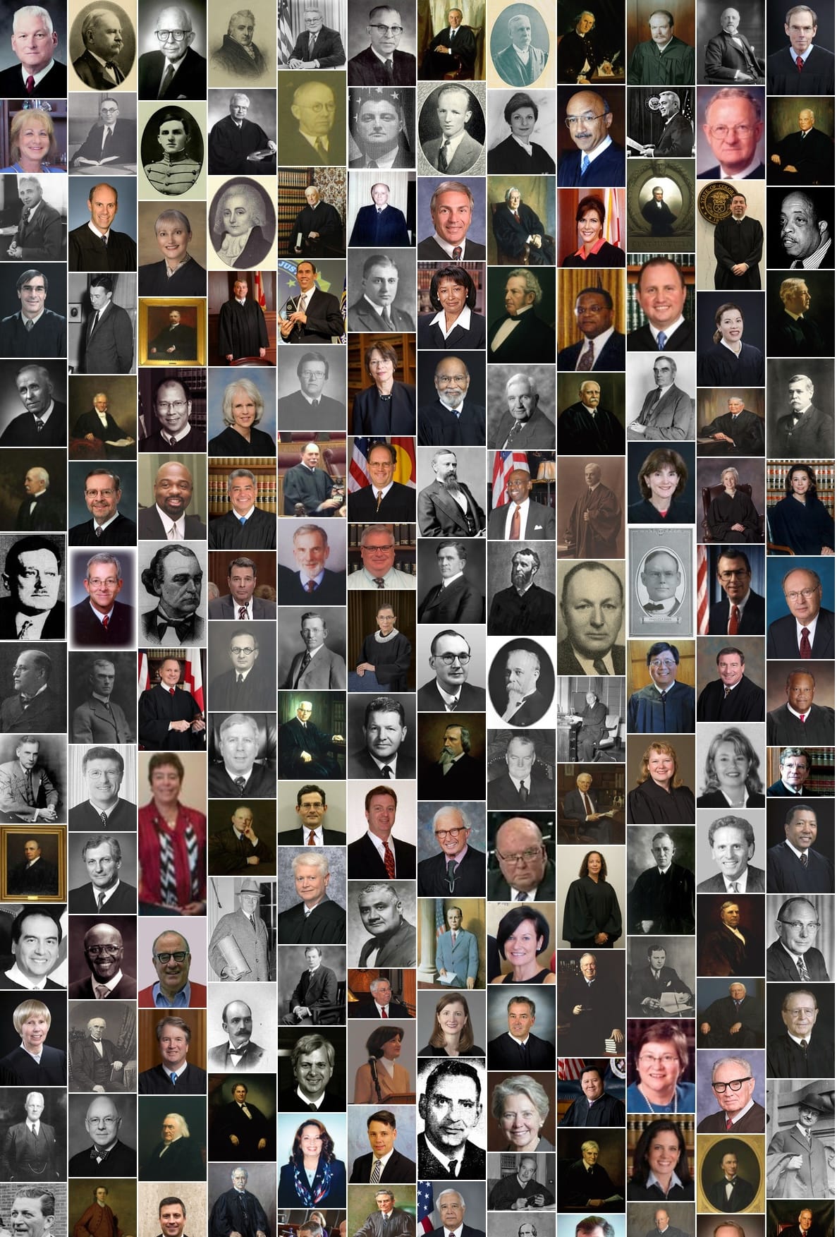 A quilt of photographs of judges. Some color, some black and white. 