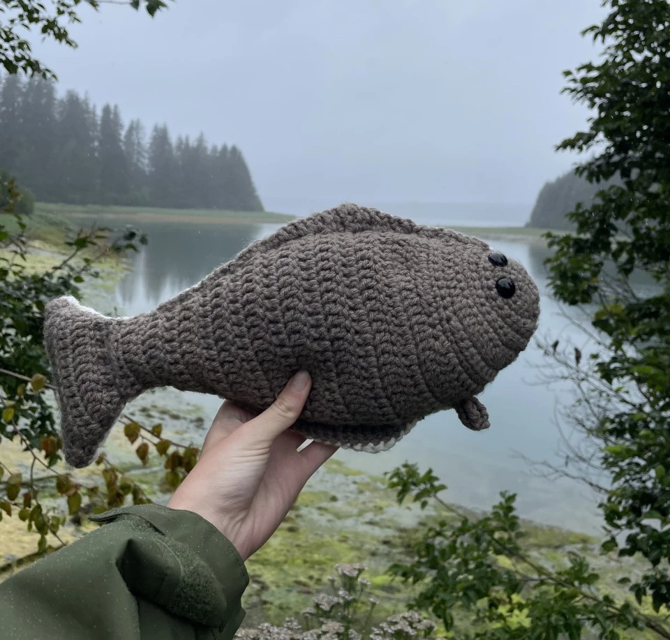 A hand holding up a crocheted halibut in front of a misty bay.