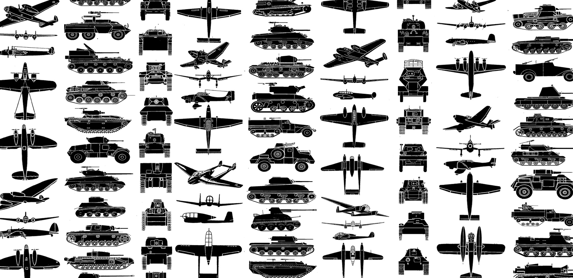 a quilt of black plane and tank silhouettes against a white background