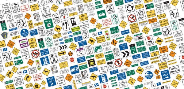 Image quilt of hundreds of traffic signs from the Manual on Uniform Traffic Control Devices.