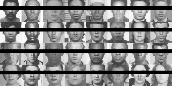 A quilt of 32 black and white mugshot photos from NIST's "Special Database 18". 