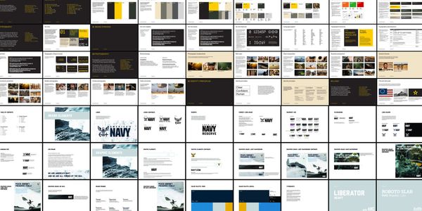 A montage of pages from the Army and Navy brand guidelines documents. 