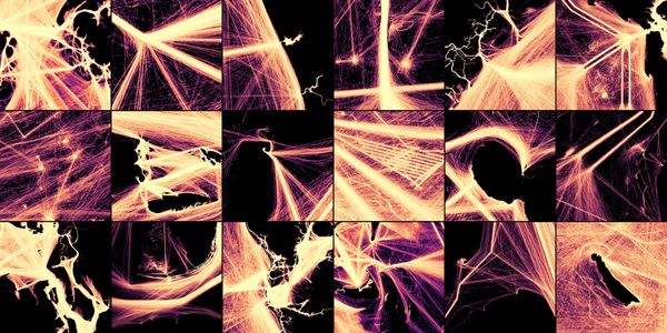 A quilt of AIS ship track maps. Thin, luminous lines glow yellow, gold and red on a dark purple background. 