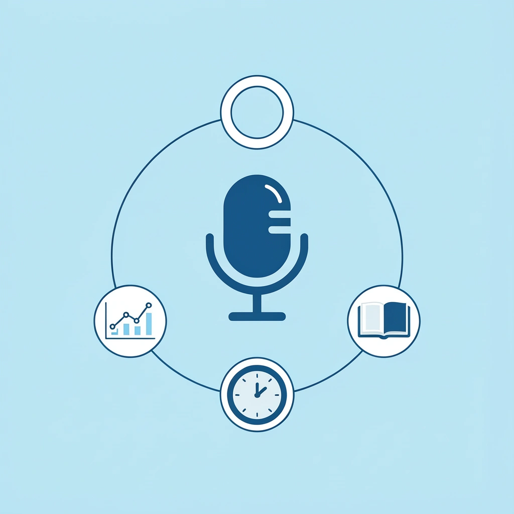 Central voice strategy icon connected to four surrounding elements: algorithm, watch time, retention, and engagement
