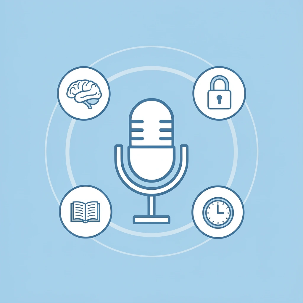 Central microphone icon surrounded by four mental barriers: perfectionism, performance anxiety, self-doubt, and technical concerns