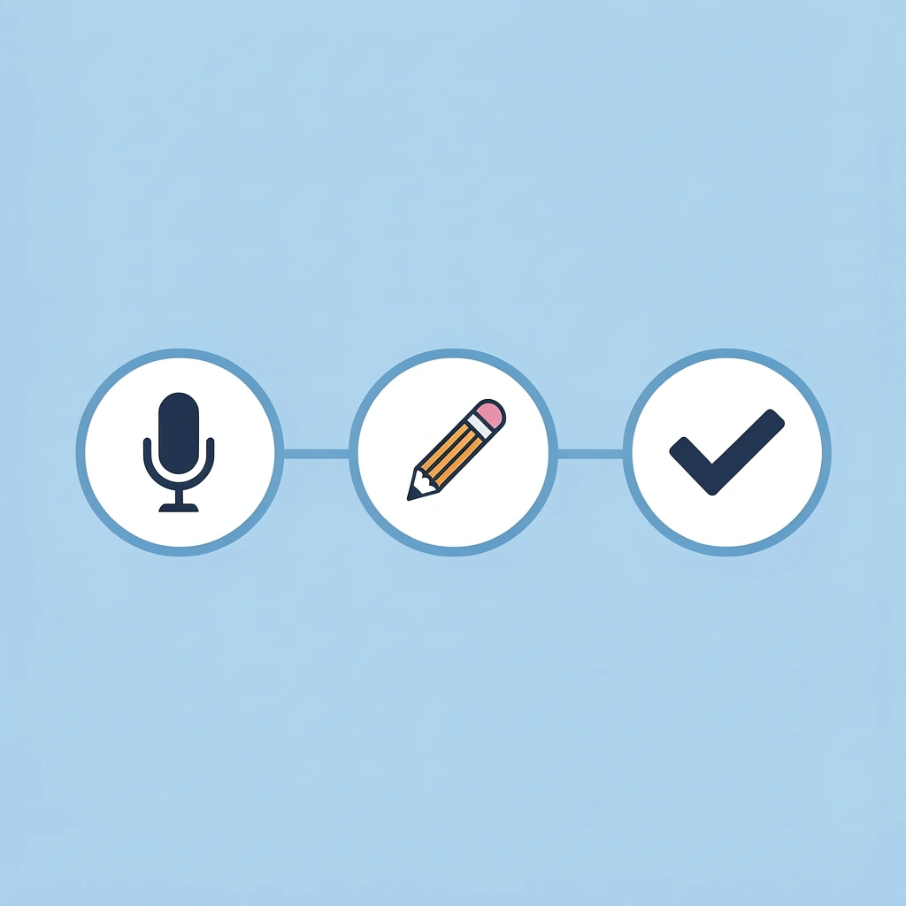 Three-phase timeline showing the progression from script preparation through recording to final editing