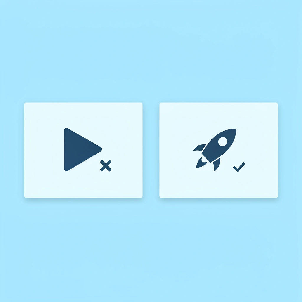 Left side shows person stuck in preparation loop with X mark; right side shows person executing daily actions with checkmark