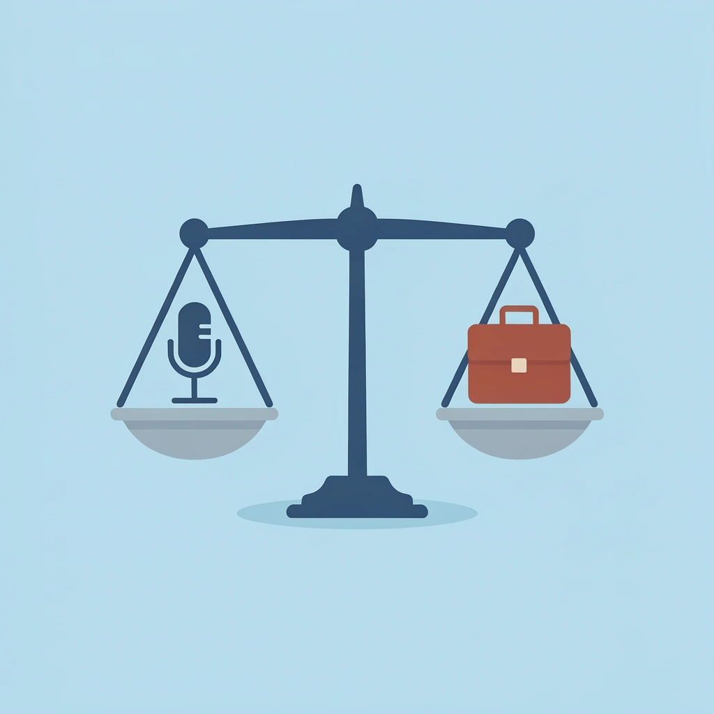 Balance scale with voice talent on one side and business knowledge on the other, showing business knowledge outweighs talent