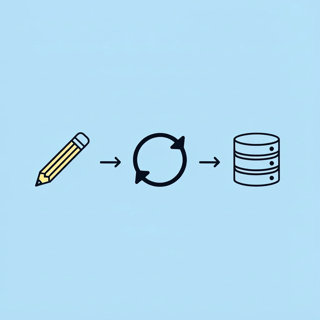 Three sequential steps showing record, edit, and sync as separate tasks connected by arrows