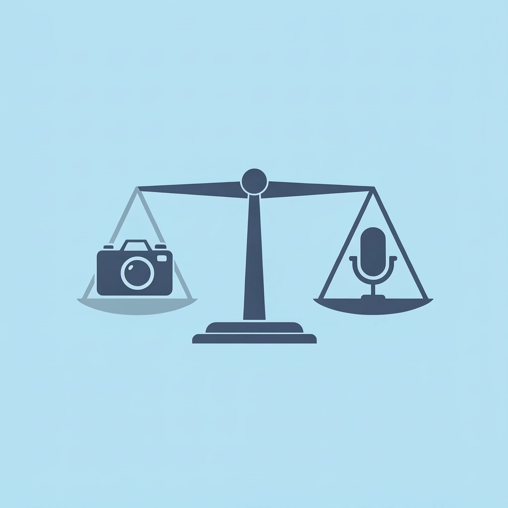 Balance scale comparing 'Visuals Only' on one side versus 'Visuals + Voiceover' on the other